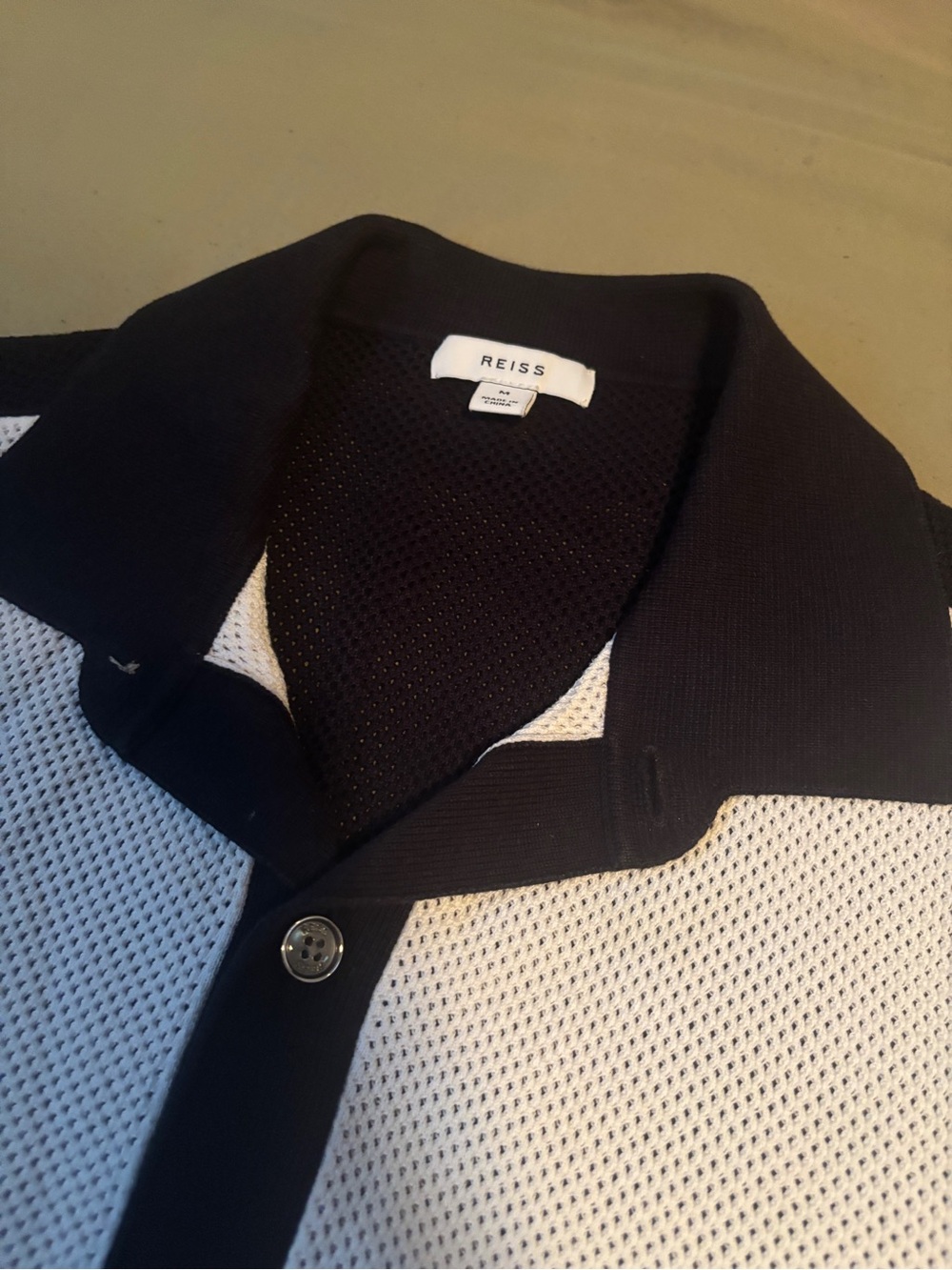 Reiss Black and White Mesh Polo Shirt with Contrast Trim